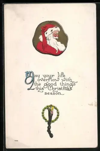 Präge-AK Weihnachtsmann im Profil mit Stechpalmen-Kranz und Socke, May your life overflow with the good things...