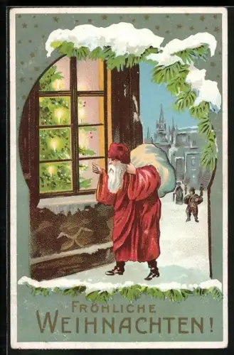 AK Weihnachtsmann klopft an ein Fenster, Fröhliche Weihnachten
