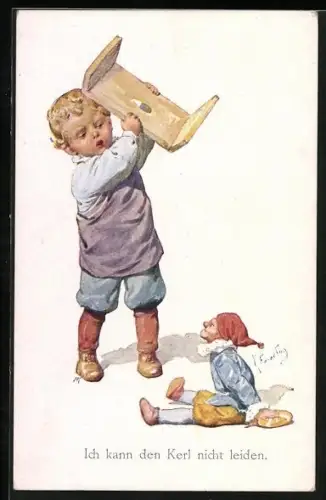 Künstler-AK Karl Feiertag: 690-3, Kind geht mit Hocker auf Puppe los