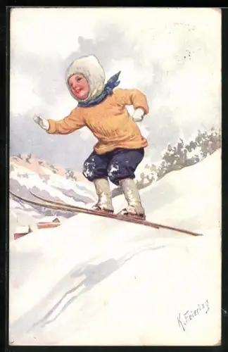 Künstler-AK Karl Feiertag: Junge beim Sprung mit Ski