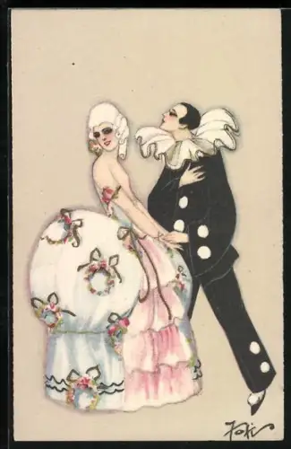 Künstler-AK Pierrot und Dame in Ballkleid, Art Deco