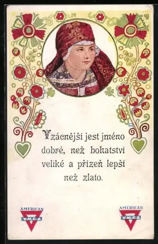 Künstler-AK Damenporträt in Tracht im Blumen-Rahmen, American Y. M. C. A.