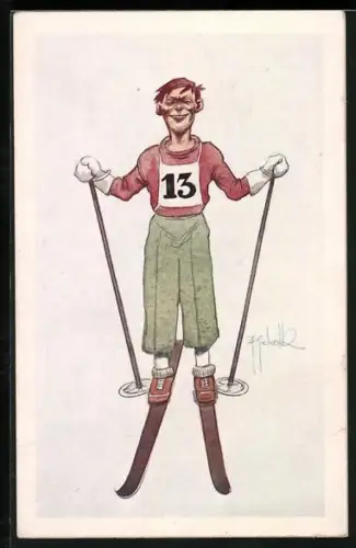 AK Karikatur eines Skifahrers