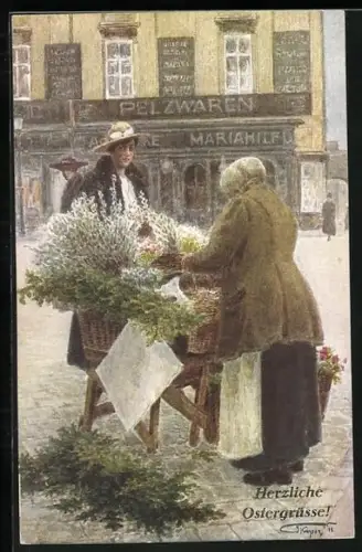 Künstler-AK Marktszene, eine Blumenverkäuferin