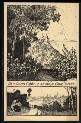 Künstler-AK Ulf Seidl: Der Leopoldsberg und Blick vom Lauf Wien