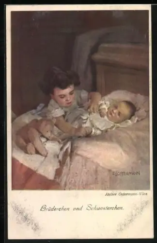 Künstler-AK F. J. Ostermann: Mädchen bringt Geschwisterchen in Bett
