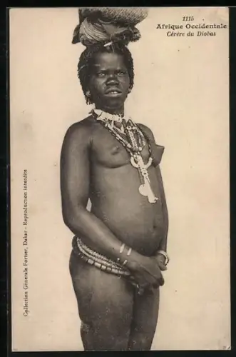 AK Afrique Occidentale, Cerere du Diobas, nackte Afrikanerin mit Schmuck
