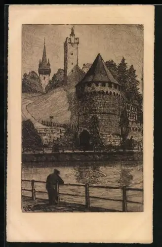 Künstler-AK Luzern, Nölliturm, Mann am Flussufer