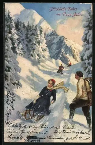 AK Junge Frau fährt auf einem Schlitten einen Hügel hinab