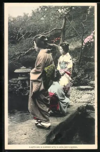 AK Zwei Geishas auf einer kleinen Brücke