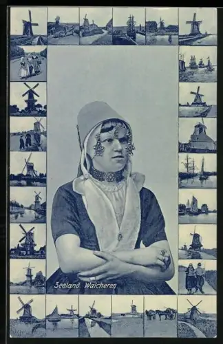 AK Walcheren, Frau in Tracht mit Kopfbedeckung, mit Mühlenrahmen