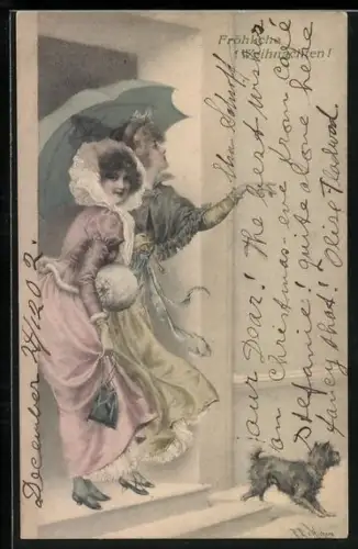 Künstler-AK Wichera: Zwei Damen mit Schirm und Hund verlassen das Haus