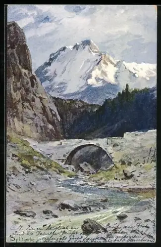Künstler-AK Splitgerber: Gebirgsfluss mit Brücke