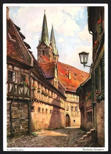 Künstler-AK Bamberg, Strasse Domgasse mit Kirchturm