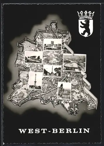 AK West-Berlin, Stadtkarte, BRD, Berliner Bär-Wappen