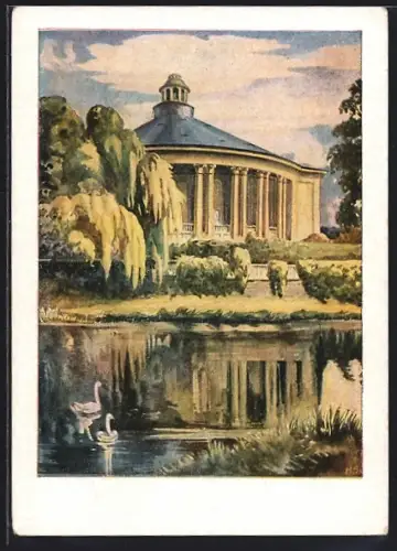 Künstler-AK Bad Kissingen a. Saale, Regentenbau mit Schwänen