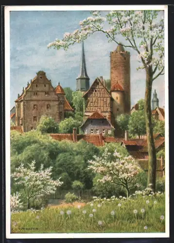 Künstler-AK Schlitz / Hessen, Ortspartie mit Blick auf den Kirchturm