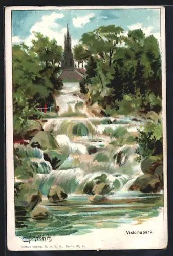 Künstler-Lithographie Carl Münch: Berlin-Kreuzberg, Partie im Victoriapark