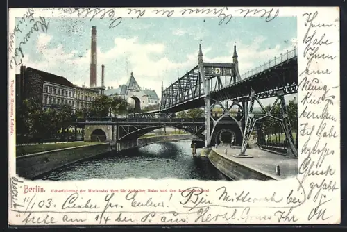 AK Berlin-Kreuzberg, Flusspartie Landwehrkanal mit Blick auf die U-Bahn-Brücke