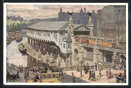 Künstler-AK Berlin-Kreuzberg, Bahnhof Hallesches Tor, U-Bahn