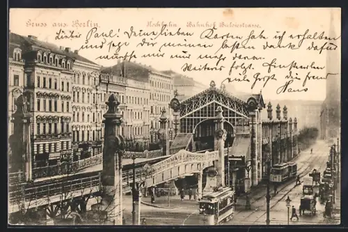 AK Berlin-Schöneberg, Hochbahnhof Bülowstrasse mit Strassenbahnen