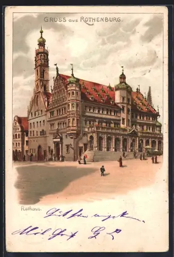 Lithographie Rothenburg / Tauber, Rathaus, Aussenansicht