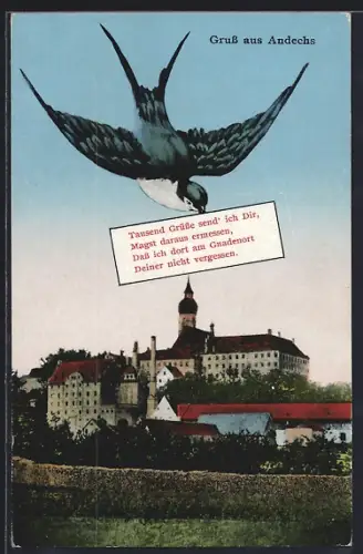Schwalben-AK Andechs, Ortspartie mit Kloster, Schwalbe mit Gruss