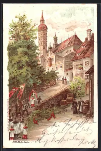 Lithographie Andechs, Prozession zieht hinauf zum Gotteshaus