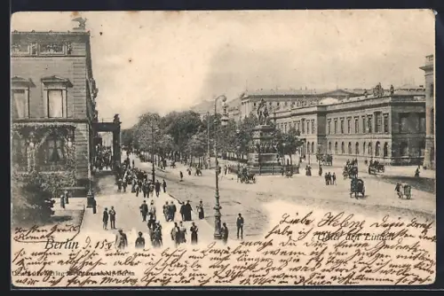 AK Berlin, Unter den Linden, Strassenszene, Reiterstandbild
