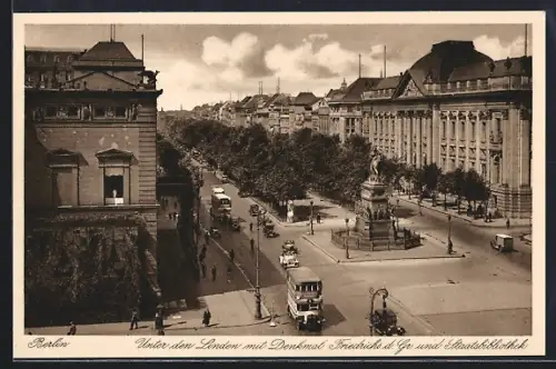 AK Berlin, Unter den Linden, Denkmal Friedrichs d. Gr., Staatsbibliothek