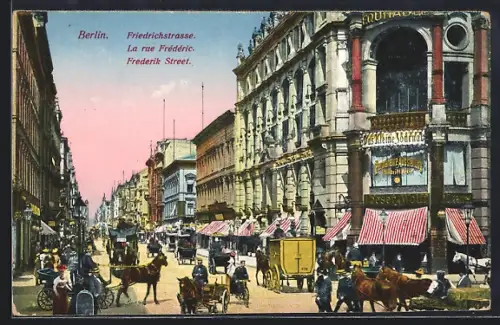 AK Berlin, Friedrichstrasse, Strassenszene mit Pferdekutschen und Geschäften