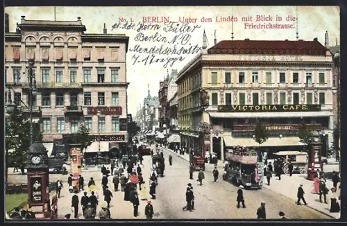 AK Berlin, Unter den Linden, Blick in die Friedrichstrasse, Victoria Café