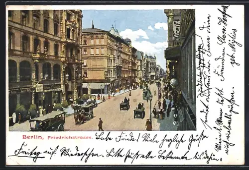 AK Berlin, Friedrichstrasse, Strassenszene mit Geschäften und Pferdekutschen