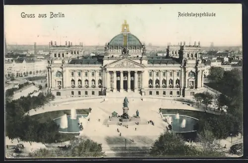 AK Berlin-Tiergarten, Reichstagsgebäude, Brunnen, Platzansicht