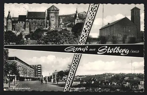 AK Stolberg /Rhld., Burg, St. Josef, Am Schwanenteich, Totalansicht