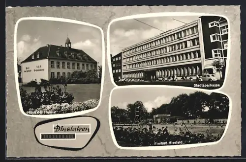 AK Dinslaken, Haus der Heimat, Stadtsparkasse, Freibad Hiesfeld