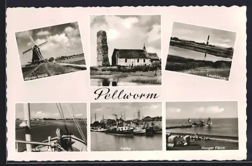 AK Pellworm, Alte Kirche, Leuchtturm, Hafen, Norder Mühle, Hafenbecken, Hooger Fähre