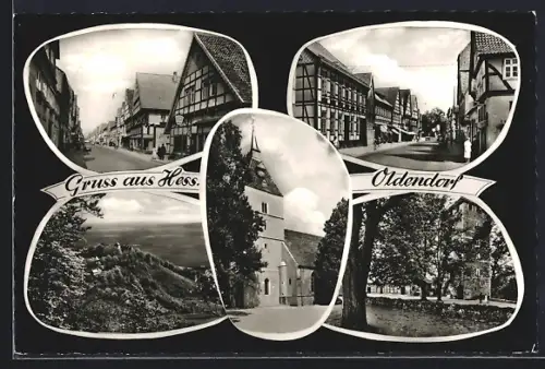 AK Hess. Oldendorf, Fachwerkhäuser, Kirche, Landschaftsansicht