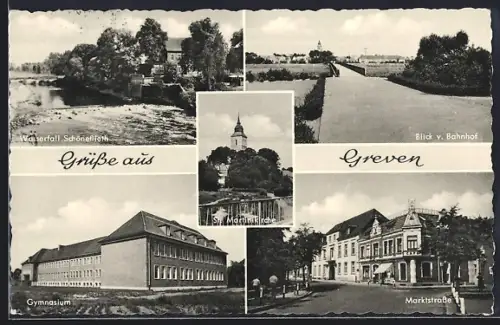 AK Greven / Ems, Wasserfall Schöneflieth, St. Martinikirche, Gymnasium, Marktstrasse