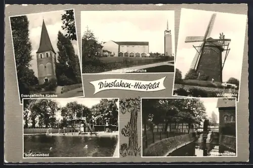 AK Dinslaken-Hiesfeld, Evangelische Kirche, Heilig-Geist-Kirche, Windmühle, Schwimmbad, Wassermühle