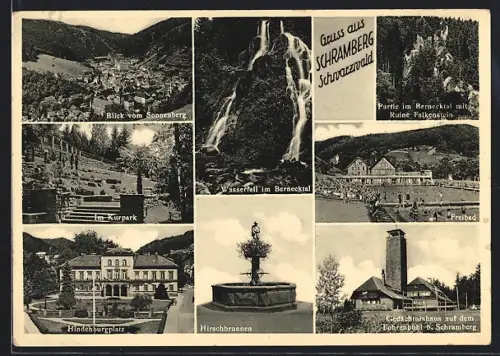 AK Schramberg /Schwarzwald, Kurpark, Wasserfall im Bernecktal, Hindenburgplatz, Freibad