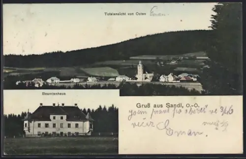 AK Sandl im Mühlviertel, Ortsansicht von Osten gesehen, Beamtenhaus