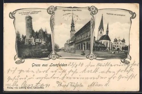 AK Leonfelden, Linzerstrasse mit Rathaus, Pfarrkirche und Landesgericht