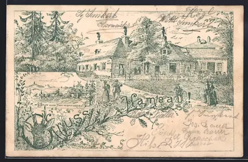 Lithographie Wien, Partie am Hameau mit Restauration, Blick zum Hermannskogel