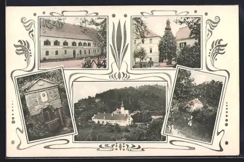 AK Bad Mühllacken im Mühlkreis, Hotel und Pension, Gedenkbrunnen, Ortspartien, Jugendstil-Passepartout