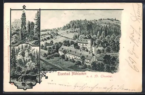 Lithographie Feldkirchen an der Donau, Bad Mühllacken, Eisenbad, Felsen, Ortspartie