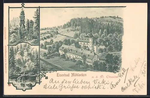 Lithographie Feldkirchen an der Donau, Bad Mühllacken, Eisenbad, Felsen, Ortspartie
