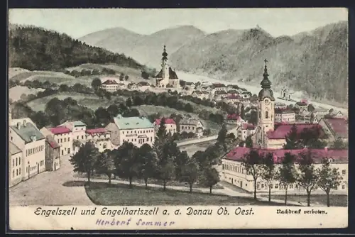 Künstler-AK Engelhartszell a. d. Donau, Panorama mit Engelszell
