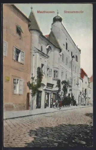 AK Mauthausen, Strassenmotiv mit Geschäften