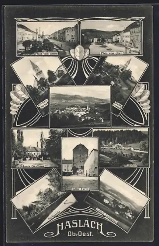 AK Haslach, Badeanstalt, Bahnhof, Bräuers Gasthaus